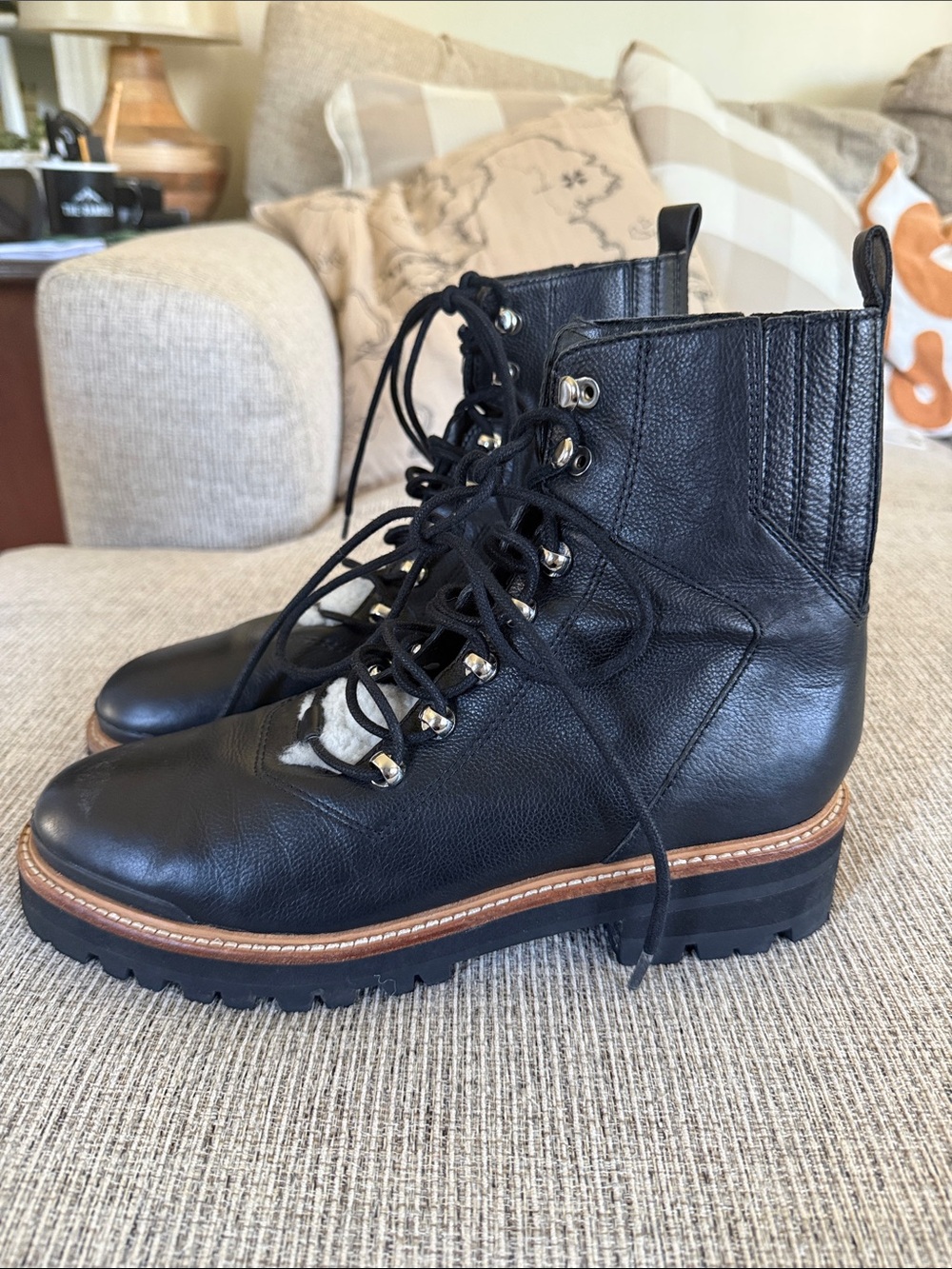 Marc Fisher Black Leather Lace-Up Lug Boots with Brown Trim size 9.5 like new